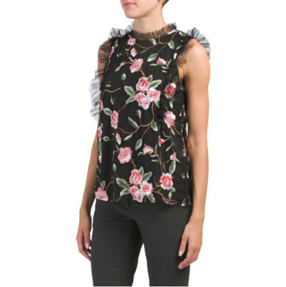 ADIVA Floral Embroidered Tulle Trim Career Blouse